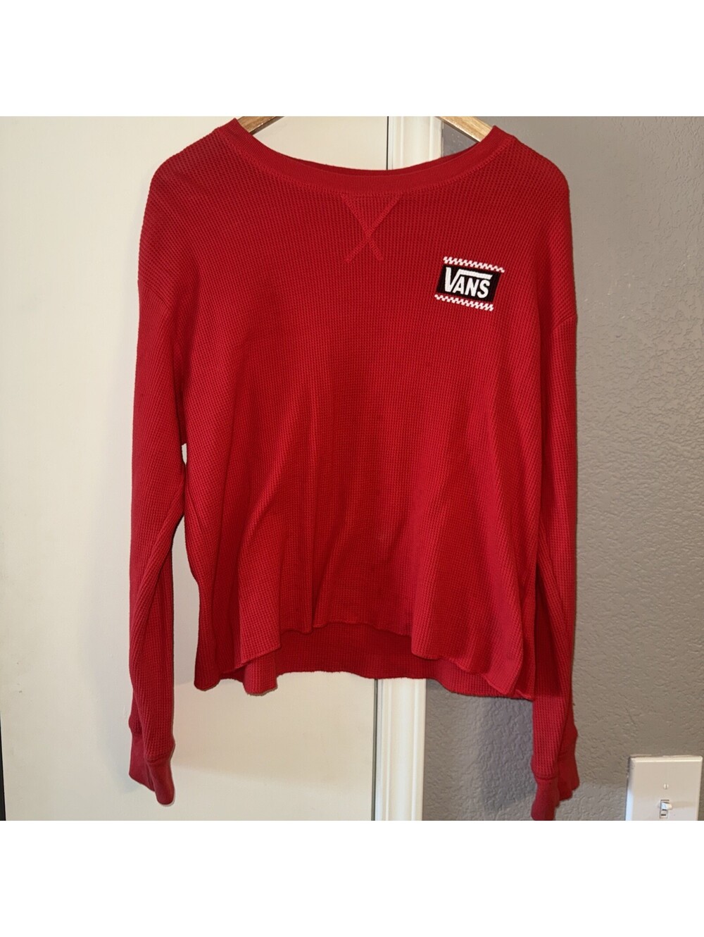 Vans Red Thermal Waffle Knit Long Sleeve Shirt Size M Cropped Skater Streetwear